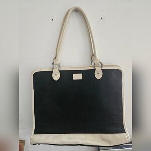 Elegant Lulu Guinness black canvas and beige leather trim shoulder bag
